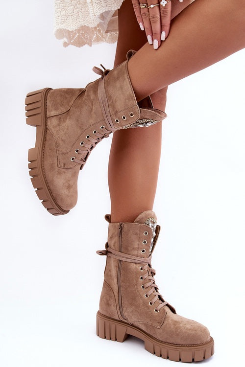 SUEDE WORKER BOOTS WITH JEWELRY DECORATION, DARK BEIGE MARX image 1
