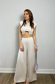 CAMILLE SATIN COWLNECK O RING TOP AND PANT SET Beige image 2