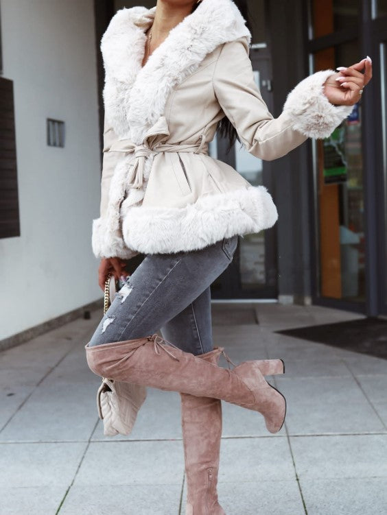 Leather Fur Jacket Beige image 1