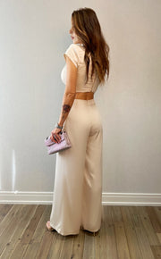 CAMILLE SATIN COWLNECK O RING TOP AND PANT SET Beige image 11