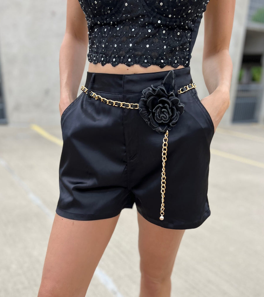 Serenity Black Satin Shorts With Belt image 4