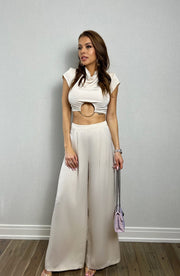 CAMILLE SATIN COWLNECK O RING TOP AND PANT SET Beige - S image