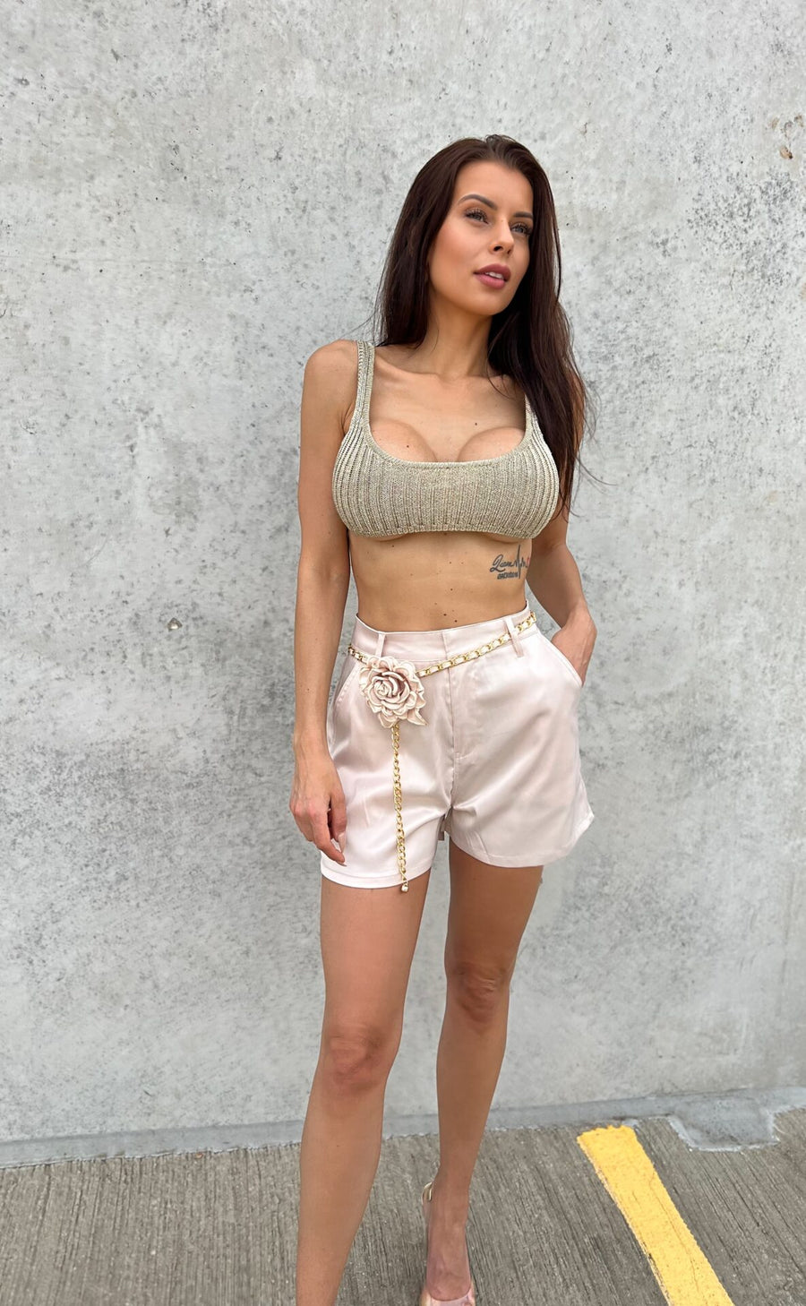 Serenity Beige Satin Shorts With Belt image 3