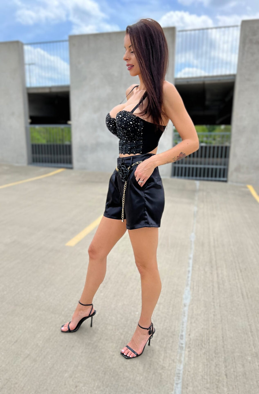 Serenity Black Satin Shorts With Belt image 6