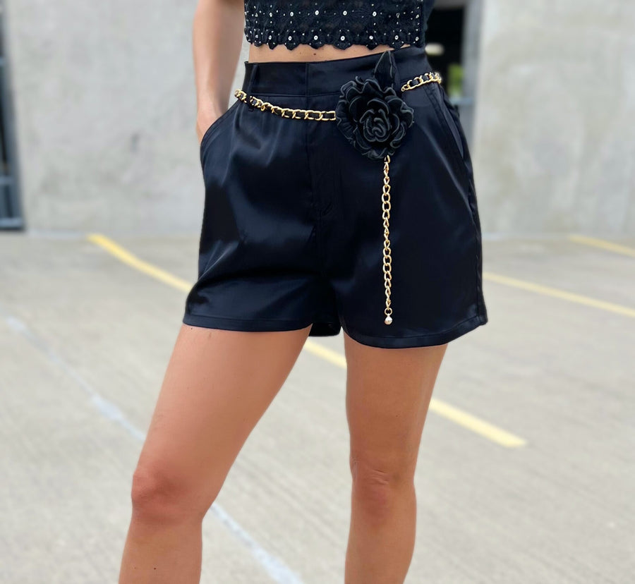 Serenity Black Satin Shorts With Belt image 3
