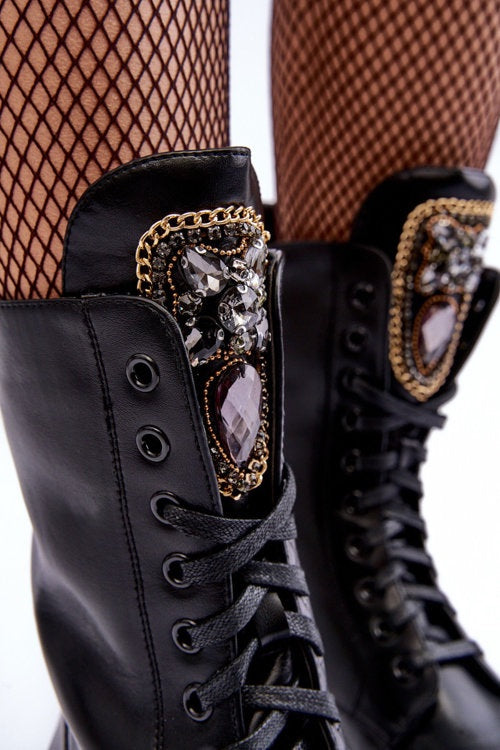 LEATHER WORKER BOOTS WITH JEWELRY DECORATION, BLACK MARX image 2