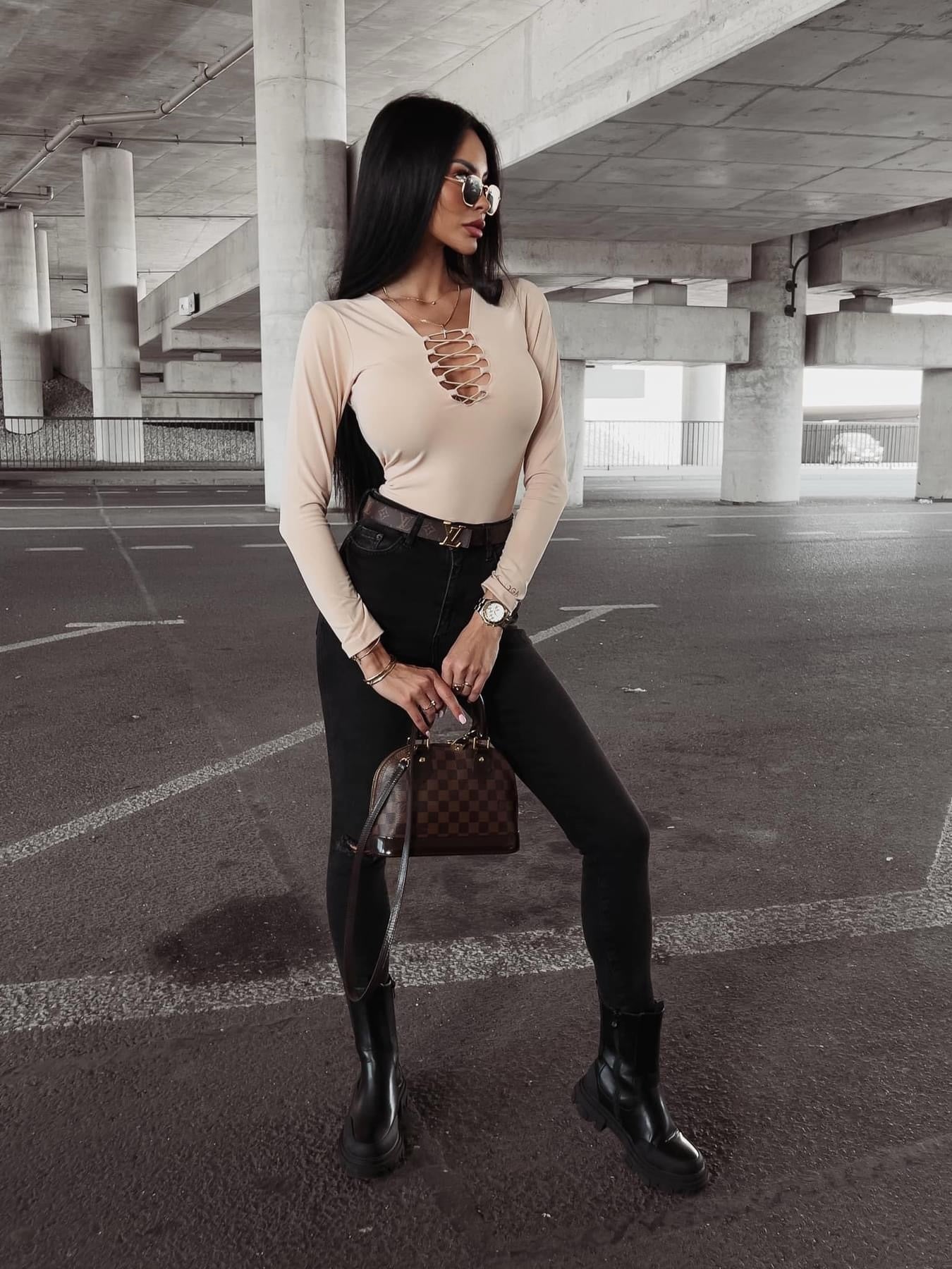 Beige Lexa Ola Voga fitted bodysuit with a cutout image 1