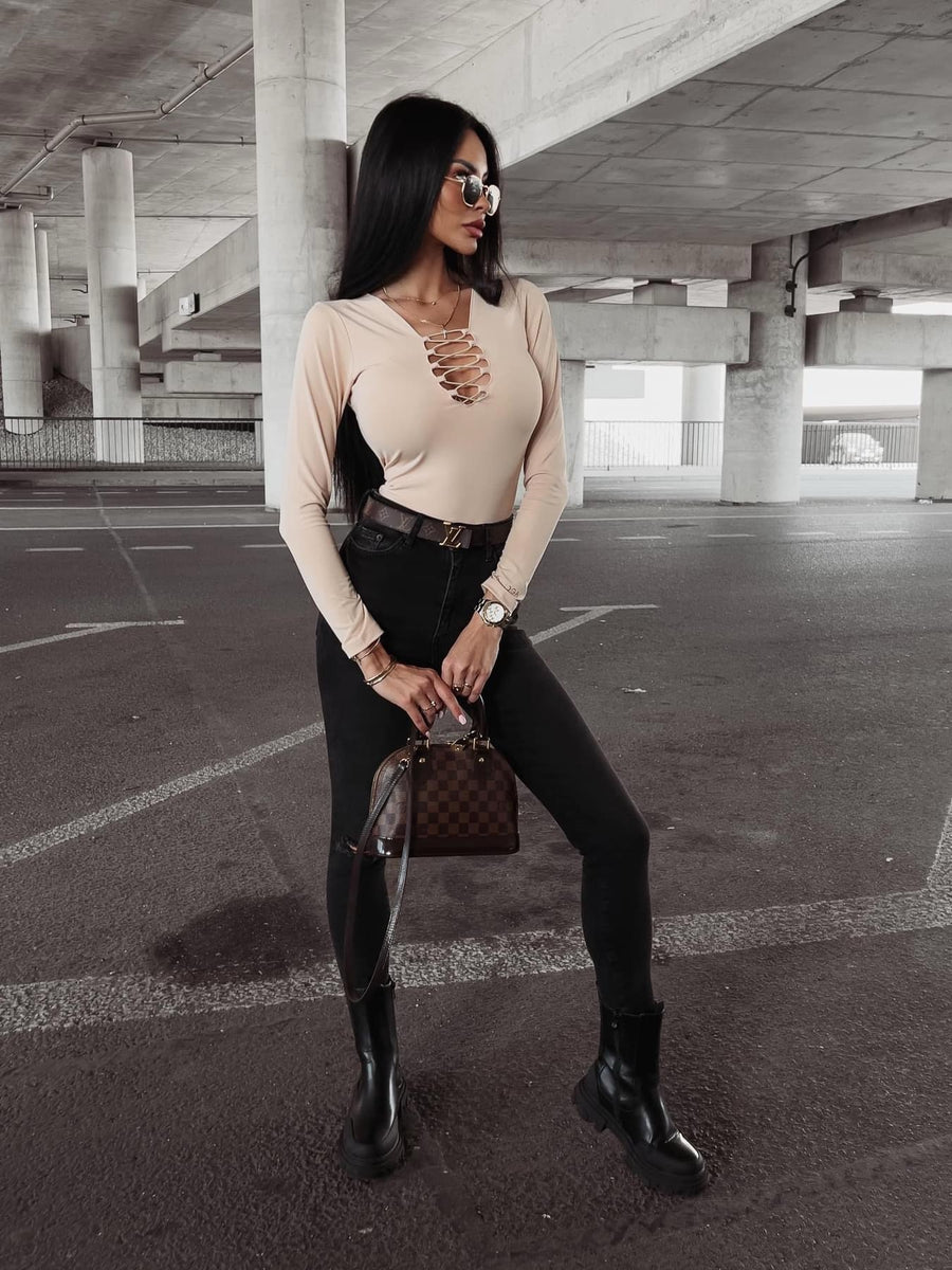 Beige Lexa Ola Voga fitted bodysuit with a cutout image 1