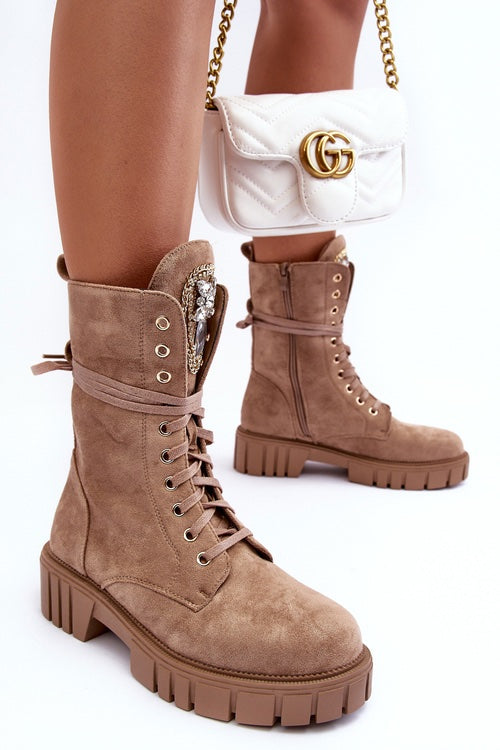 SUEDE WORKER BOOTS WITH JEWELRY DECORATION, DARK BEIGE MARX image 10