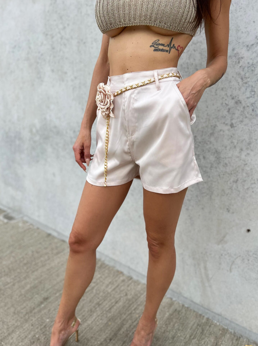 Serenity Beige Satin Shorts With Belt image 2