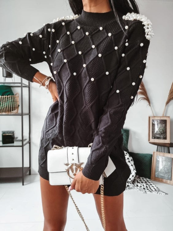 SWEATER TUNIC WITH PEARLS - Black image