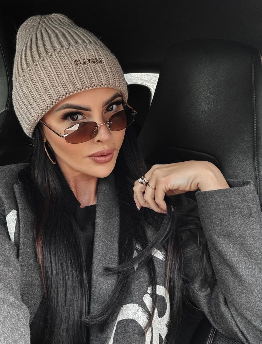 Cyndi Ola Voga ribbed beanie hat, beige image 0