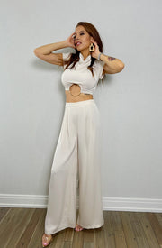 CAMILLE SATIN COWLNECK O RING TOP AND PANT SET Beige image 7