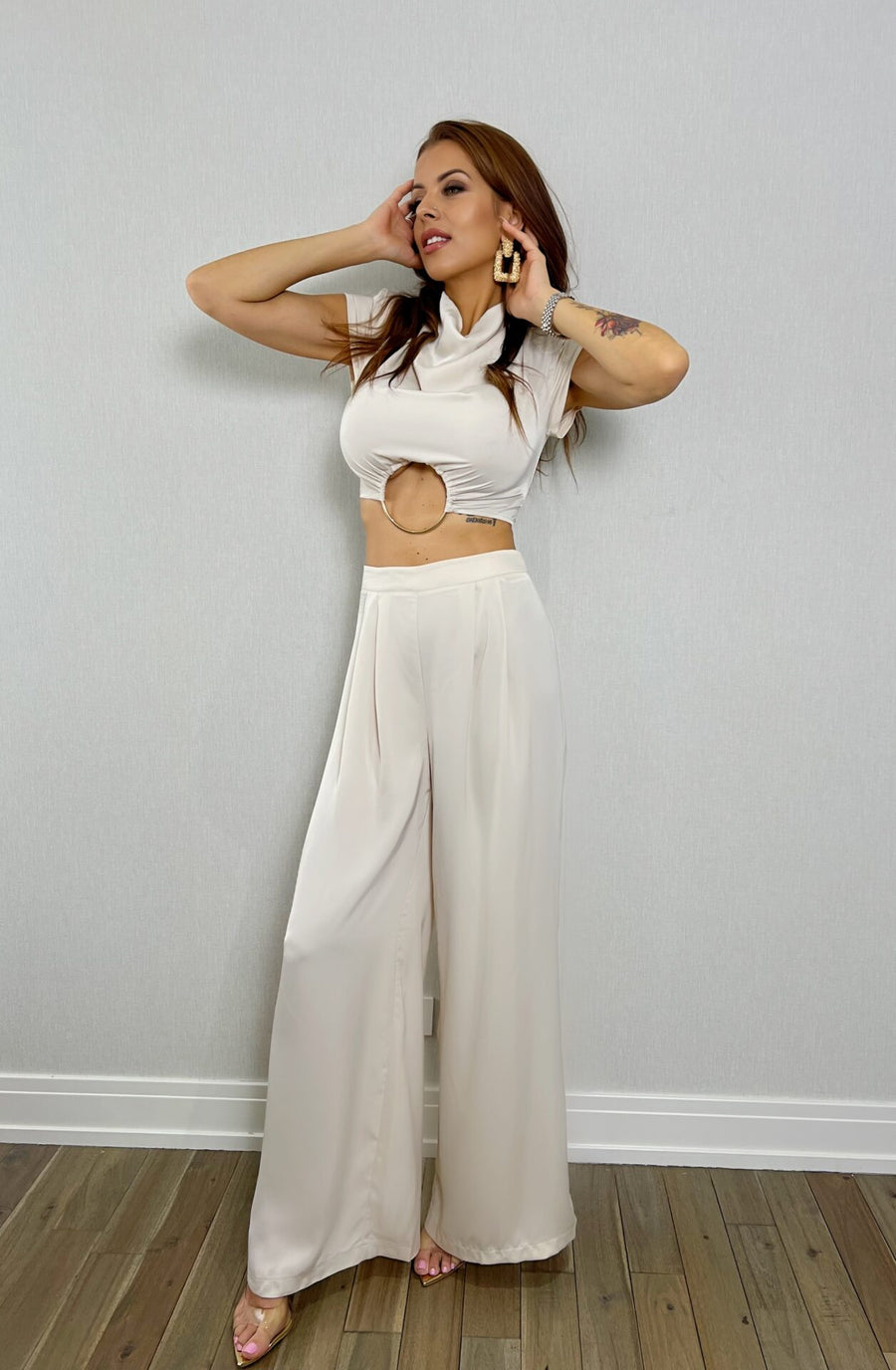 CAMILLE SATIN COWLNECK O RING TOP AND PANT SET Beige image 7