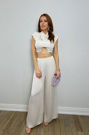 CAMILLE SATIN COWLNECK O RING TOP AND PANT SET Beige image 9
