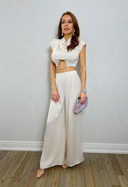 CAMILLE SATIN COWLNECK O RING TOP AND PANT SET Beige image 6