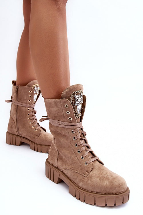 SUEDE WORKER BOOTS WITH JEWELRY DECORATION, DARK BEIGE MARX image 6