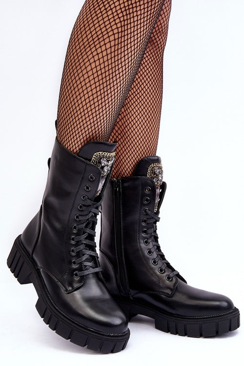 LEATHER WORKER BOOTS WITH JEWELRY DECORATION, BLACK MARX image 1