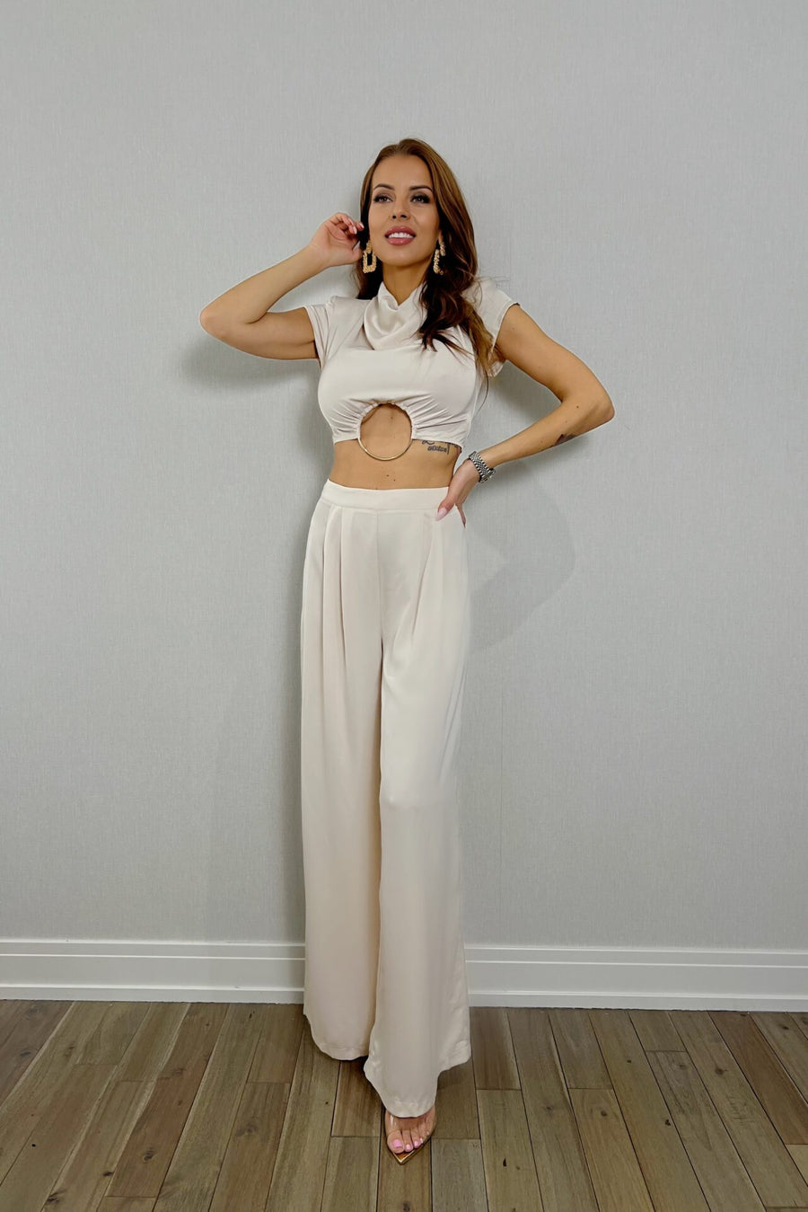CAMILLE SATIN COWLNECK O RING TOP AND PANT SET Beige image 10