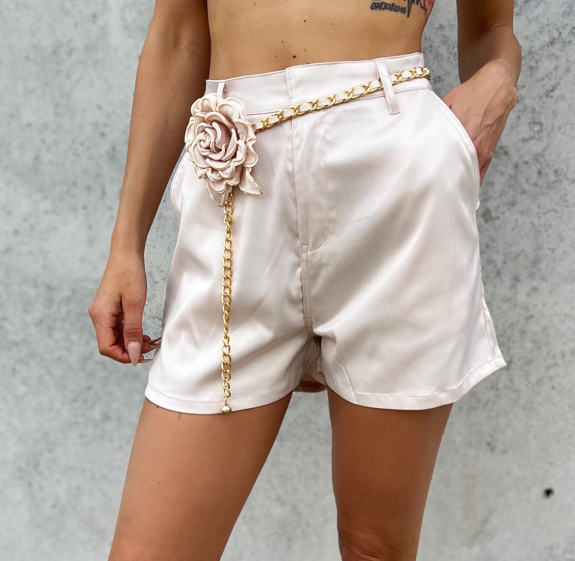 Serenity Beige Satin Shorts With Belt image 1