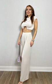 CAMILLE SATIN COWLNECK O RING TOP AND PANT SET Beige image 14