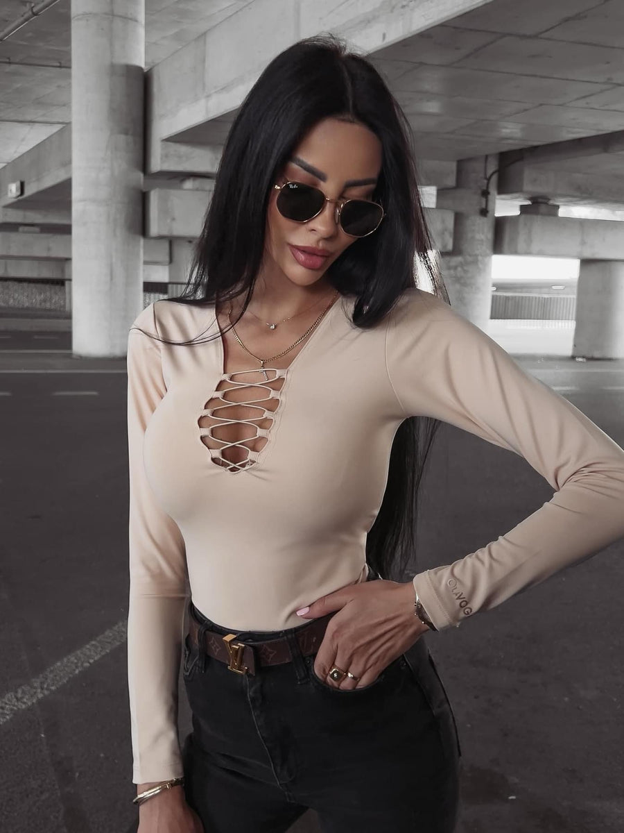 Beige Lexa Ola Voga fitted bodysuit with a cutout image 2