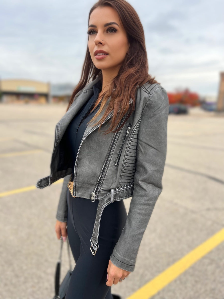 Avira Faux Leather Grey Jacket image 8