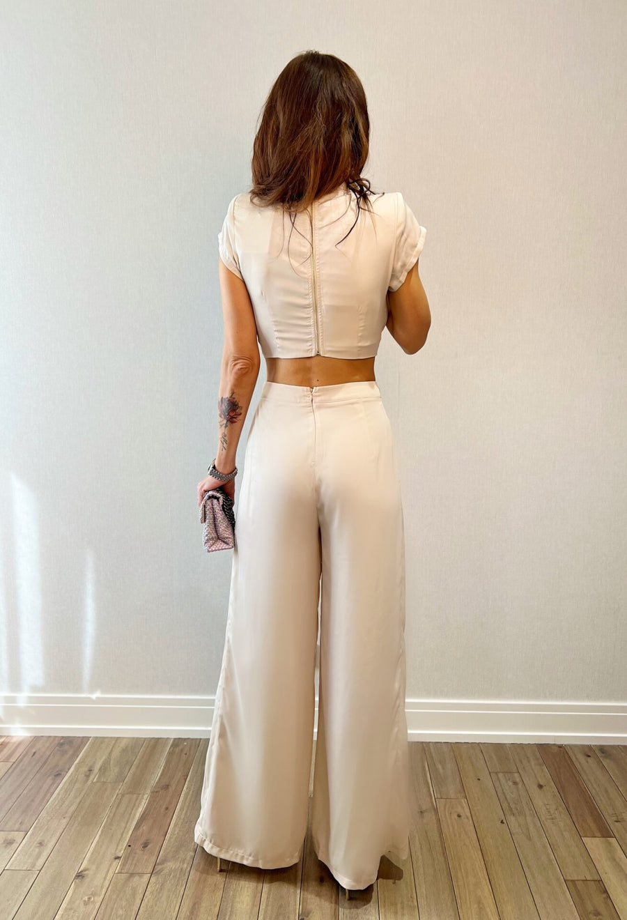 CAMILLE SATIN COWLNECK O RING TOP AND PANT SET Beige image 8