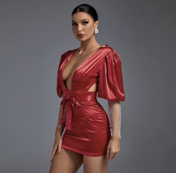 V Neck Studded Sleeve Mini Gravity Bodycon Dress