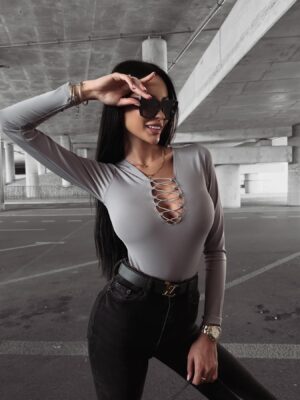 Grey Lexa Ola Voga fitted bodysuit with a cutout