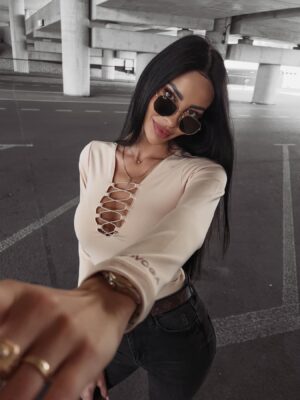 Beige Lexa Ola Voga fitted bodysuit with a cutout